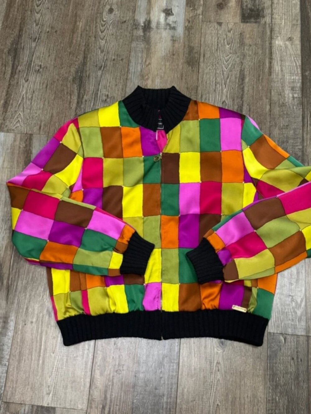 VTG St. John Sport by Marie Gray 100% Silk Patchwork Bomber Jacket Size S